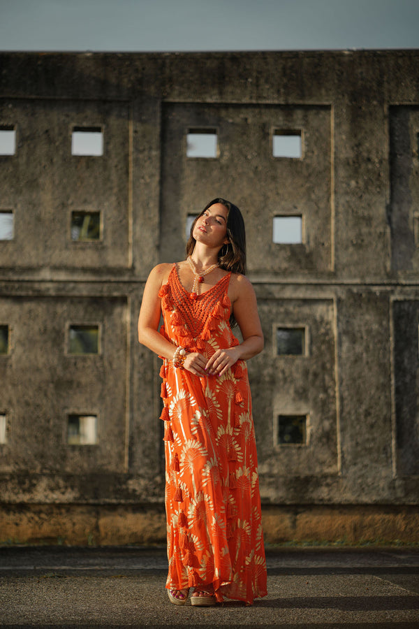Sunset Palm Foil Tassel Maxi Dress