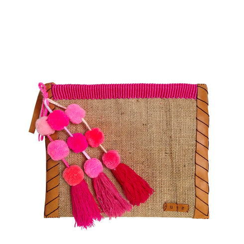 Vintage Burlap Clutch With Pompons