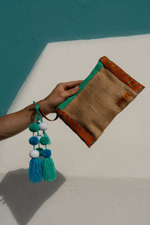 Vintage Burlap Clutch With Pompons