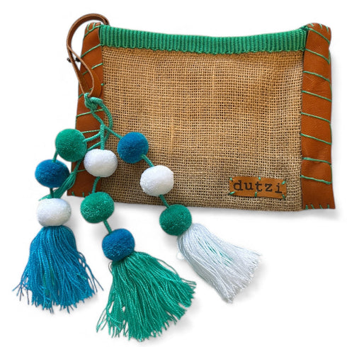 Vintage Burlap Clutch With Pompons