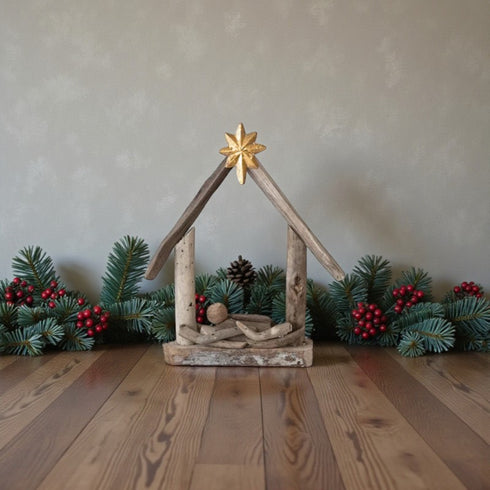 Driftwood Manger with Baby Jesus Decor