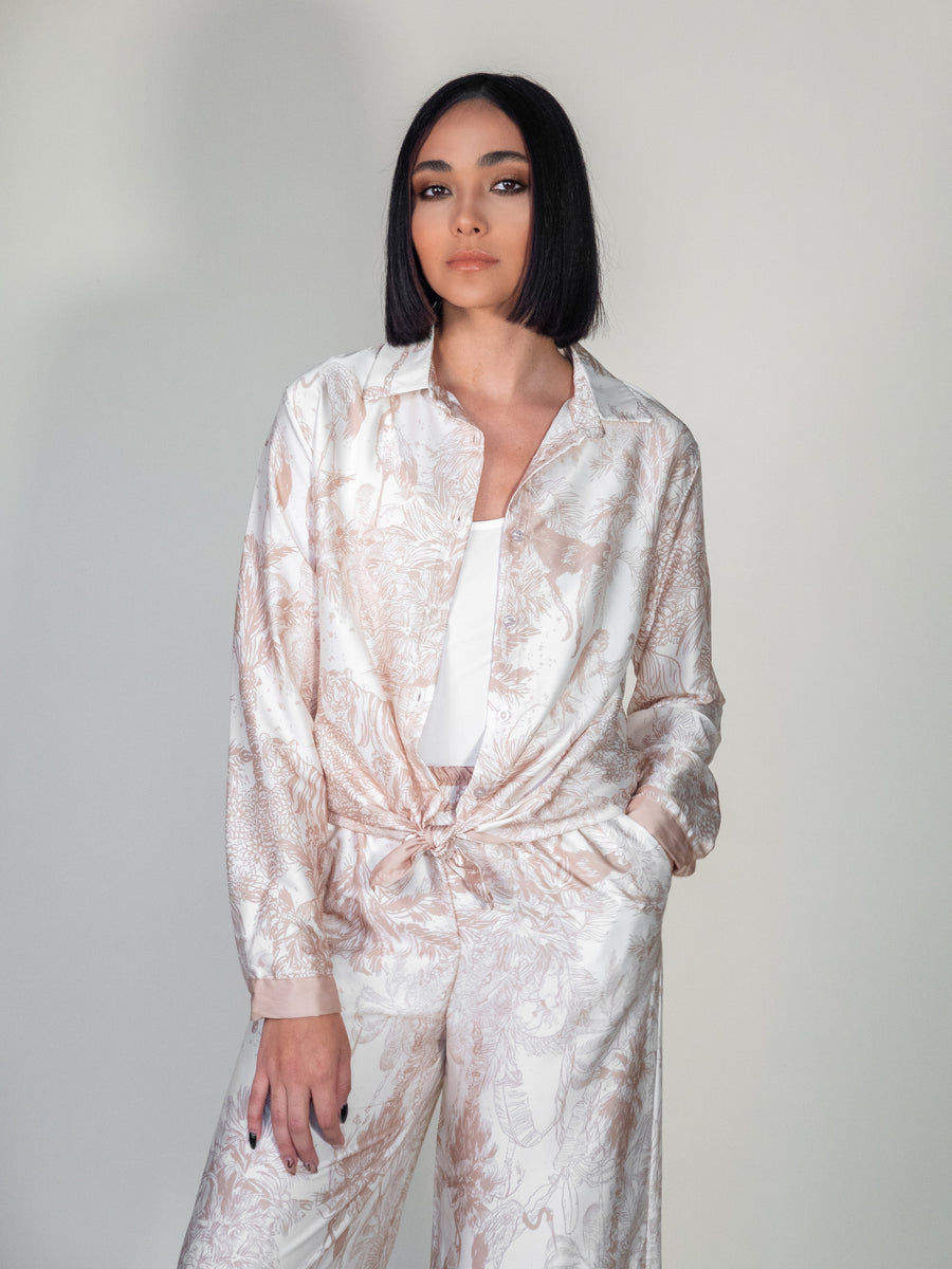 Tropical Stamp Satin Blouse - Beige