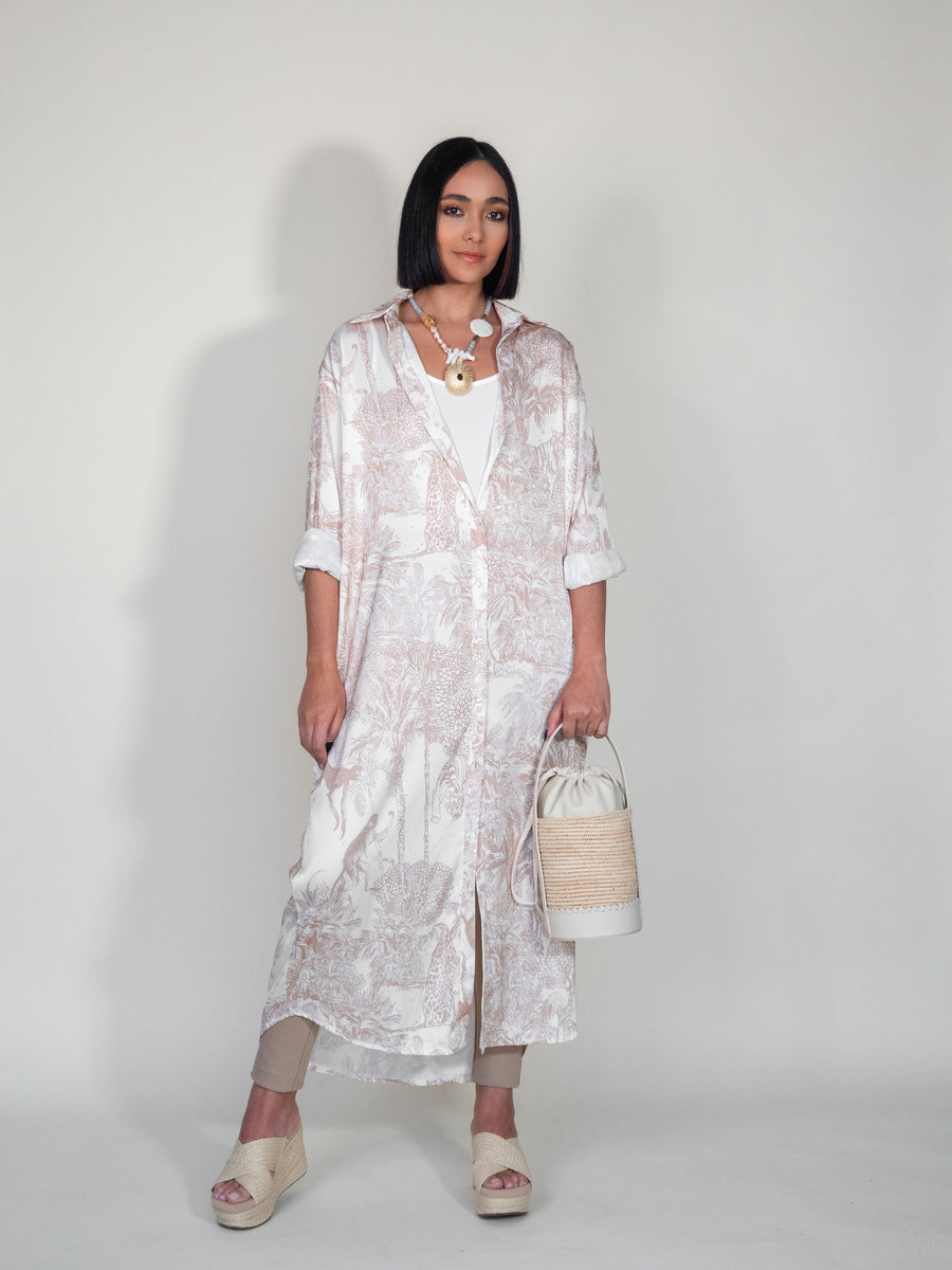 Tropical Stamp Satin Dress - Beige