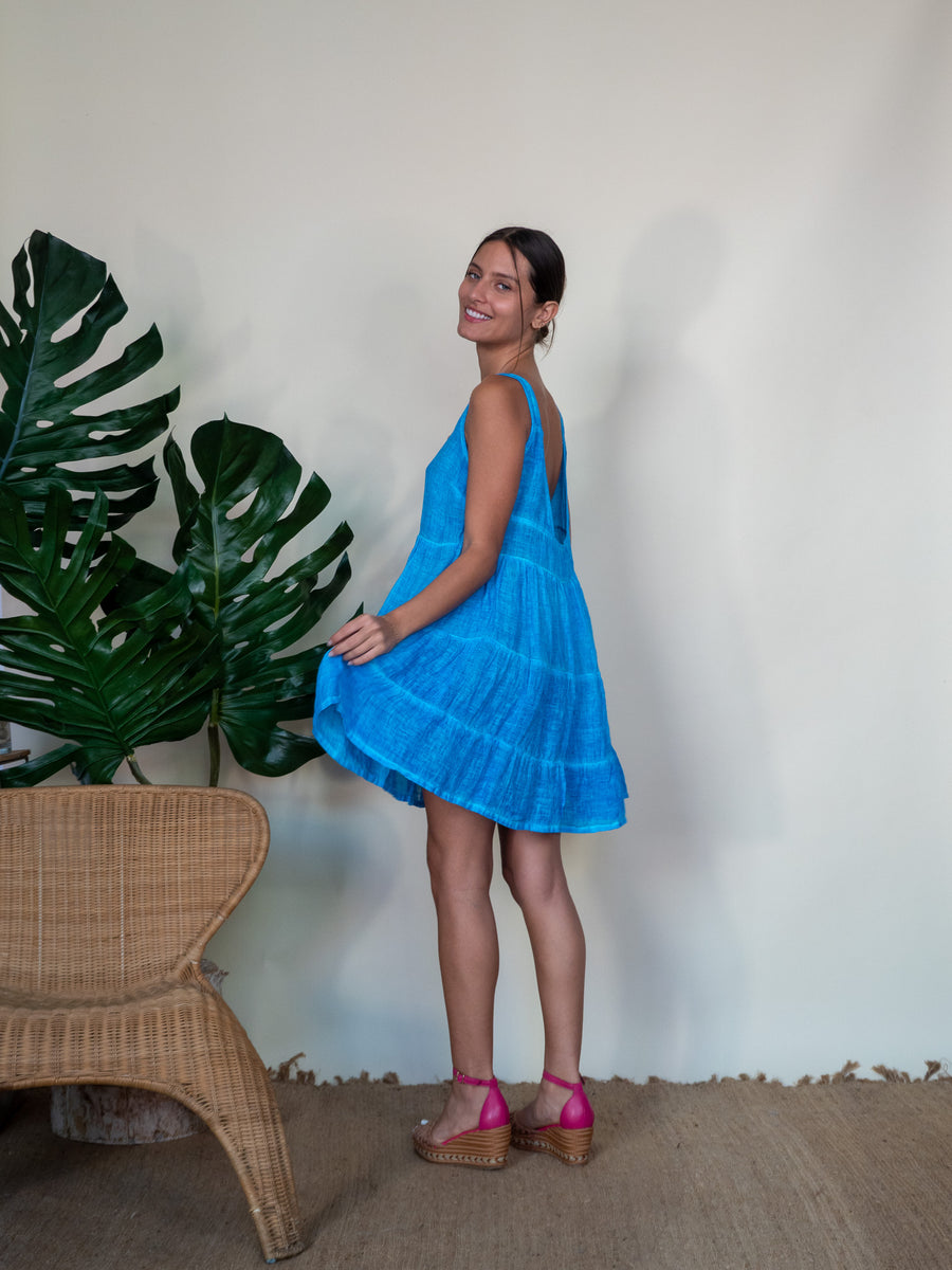 Linen Short Dress - Cobalt Freddo