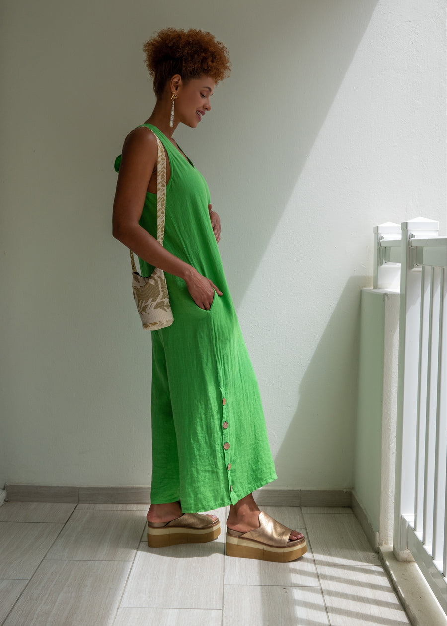 Linen Jumpsuit w/5 Buttons - Green